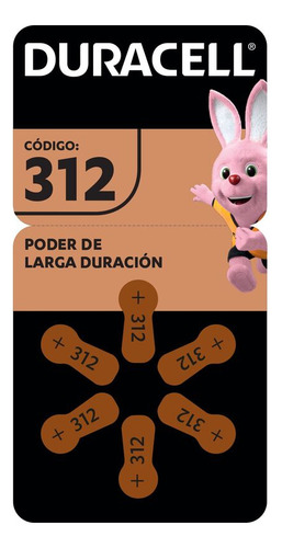Duracell Pila auditiva 312, zinc aire 1.45V, 6 pilas