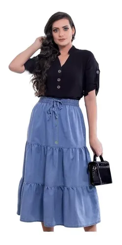 Saia jeans tecido mole sale