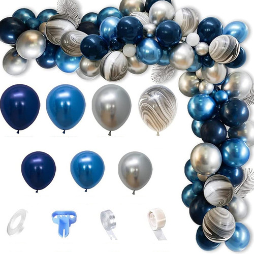 Arco Globos Azules Plateados Cromados Fiestas Kit Cumpleaños