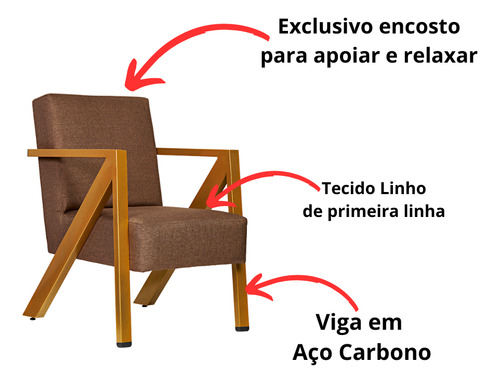 Poltrona Texas 1 Lugar Linho Chocolate Base De Aço Dourado