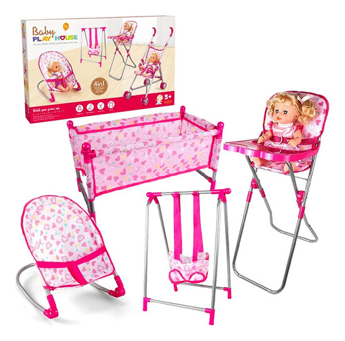 Set Juego Para Muñecas 4 En 1 Silla Cuna Columpio Y Mesedora