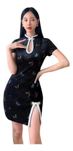 Vestido Velvet Qipao Shein Oriental Importado Mariposas