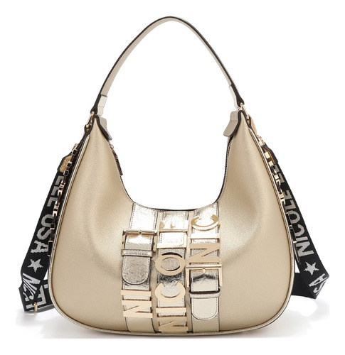 Bolsa Hobo Nicole Lee C/cinturon De Hebilla Metálica Ss25 Acabado de los herrajes Níquel Color Dorado Correa de hombro Gold Diseño de la tela Lisa