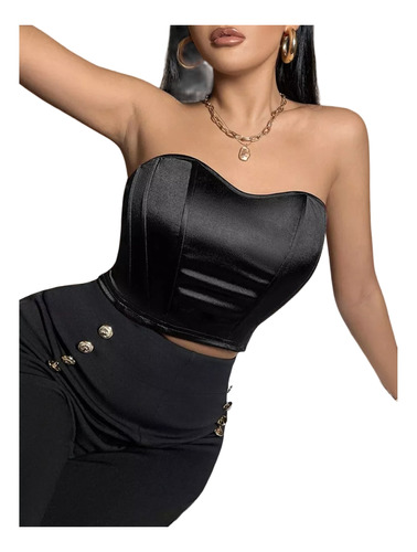 Top Casual Satin Strapless Corset Moda Sexy Mujer Negro