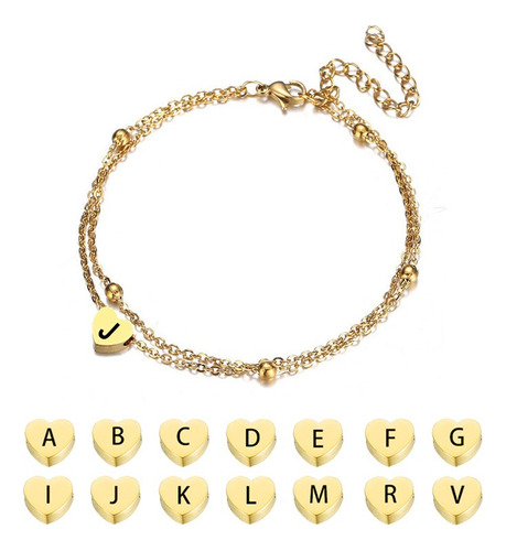 Pulsera Iniciales Letras Corazón Acero Inoxidable Para Mujer