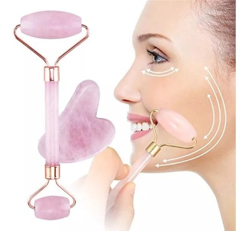 Rodillo De Masaje  Y Gua Sha Cuarzo Rosa .solo Por Envío