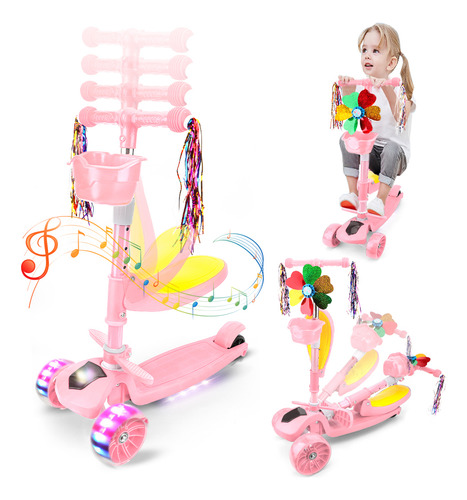 Patín Del Diablo Scooter Para Niños Triciclo Asiento Musica Color Rosa