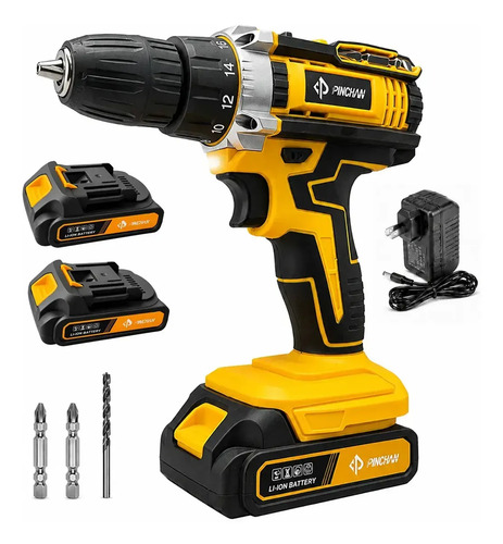Taladro Atornillador Inalámbrico Pinchan Color Amarillo, Herramienta Eléctrica Portátil, Velocidad Variable, Luz LED, Incluye 2 Pilas y Cargador