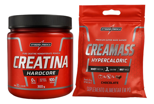 Kit Creatina Hardcore 300g Com Hypercalorico Creamass 3kg Sabores Chocolate