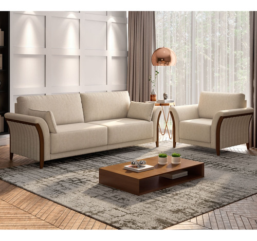 Kit Sofá Living 3 Lugares E Poltrona Linho Cru Mpozenato Cor Creme