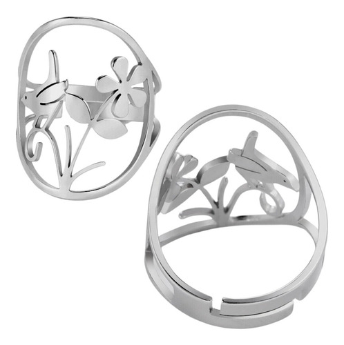 Imagen 2 de 8 de Anillo Pajaro Flor Mujer Ajustable Acero Plata Minimalista