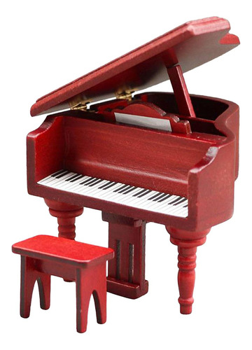 Piano Con Silla Rojo Elegante Para 1/12 Casa De Muñecas