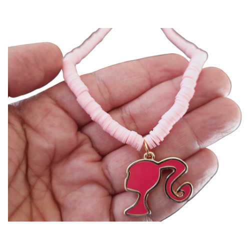 Colar Choker De Disquinho Rosa Fimo Com Pingente Barbie 