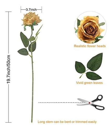 12 Rosas Artificiales, 19,7 De Un Solo Tallo Largo, Flor Fal