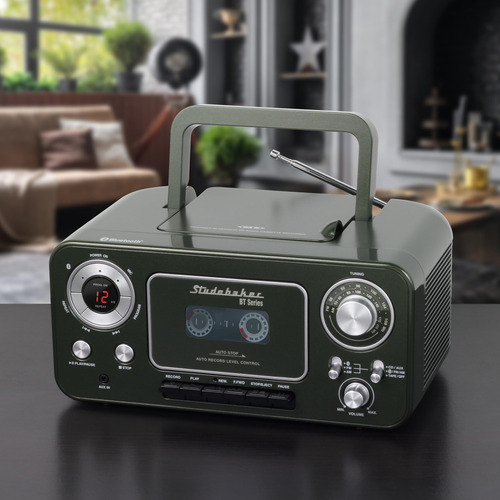 Studebaker Reproductor De Cd Estéreo Portátil Con Bluetooth, Radio Estéreo Am/fm Y Reproductor De Cassette/grabadora (verde Chipre)