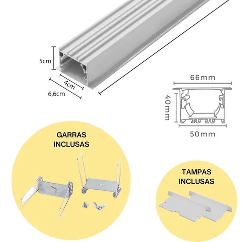 Perfil Embutir 1 Metro 66mm Largo P/ Fita Led Luminária Teto Perfil Embutir 1 Metro 66mm Largo P/ Fita Led Luminária Teto