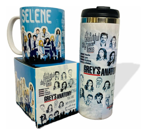 Termo + Taza Greys Anatomy Personalizado Color Azul Claro