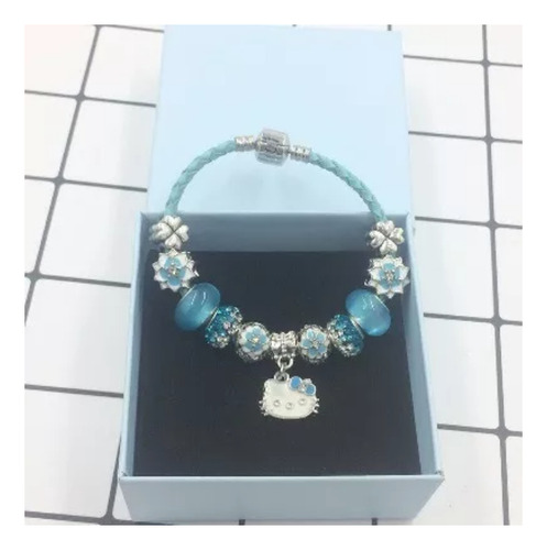 Hello Kitty Hermosa Pulsera Cordón Celeste Con Abalorios