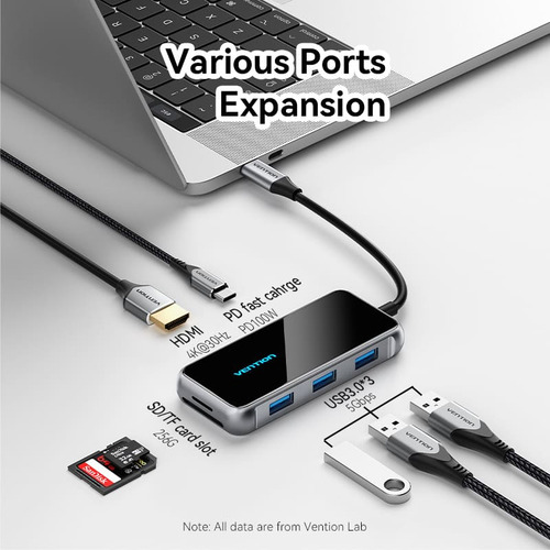 Hub Usb Multipuerto Vention - 7 En 1 - Usb C A Hdmi + 3 Puertos Usb 3.0 + Lector De Tarjetas Sd Tf + Power Delivery 100w Usb C - 4k - Carcasa Aluminio - 15 Cm - Premium Para Pc / Mac / Laptop - Tfmhb
