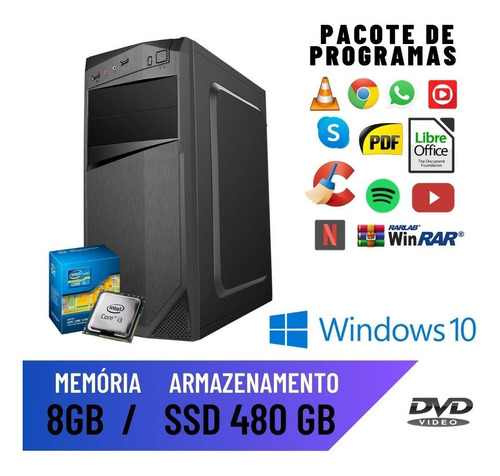 Imagem 1 de 2 de Computador Pc Desktop Cpu Core I3 8gb Ssd 480 Windows 10 Pró