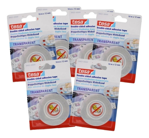 Imagen 1 de 3 de Cinta Tesa Doble Faz Transparente 12mm X 10m Paq. X 6 Uds