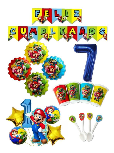 Kit Decoracion Super Mario Bros 12 + Bouquet + Numero +plato