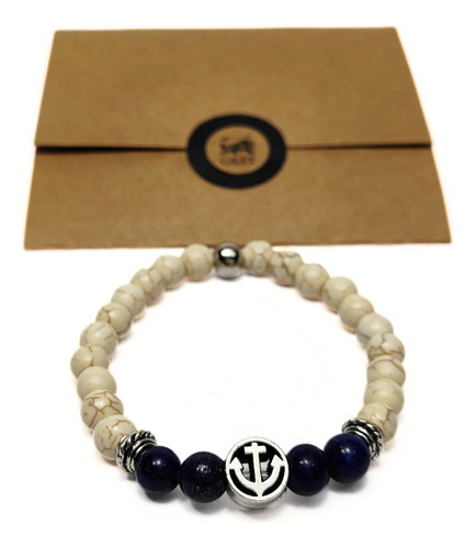 Pulsera De Hombre Piedra Marfil + Lapislázuli Dije Ancla