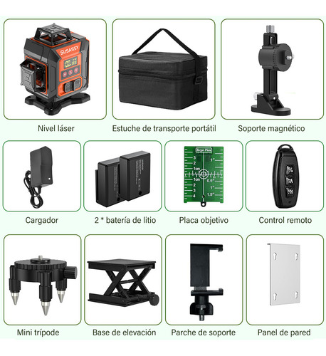 Nivel Láser 4x360 16 Líneas 4D Nivelador Autonivelante cruzada verde para construcción y colgar cuadros, SUSASSY SHMXF125OR batería recargable, mando a distancia, soporte giratorio magnético incluido