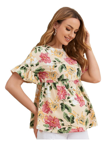 Blusa Maternidad Casual Floral Peplum De Manga Con Voalnte