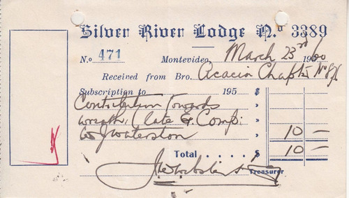 1960 Masoneria Recibo Silver River Lodge 3389 Montevideo