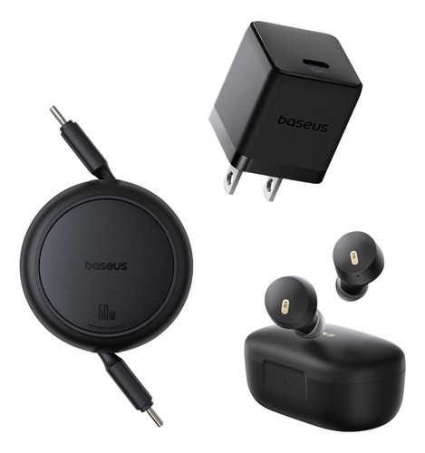 Baseus Kit Audífonos Inalámbricos Bowie E18 Bluetooth 5.3 + Cubo De Carga Usb Tipo C 30 W + Cable Retráctil Tipo C A Tipo C + Carga Rápida alta compatibilidad color negro