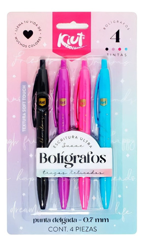 Bolígrafo Kiut Boligrafo Bolígrafo 0.7mm Retráctil color negro/azul/rosa/morado trazo fino 0.7 mm en blíster -