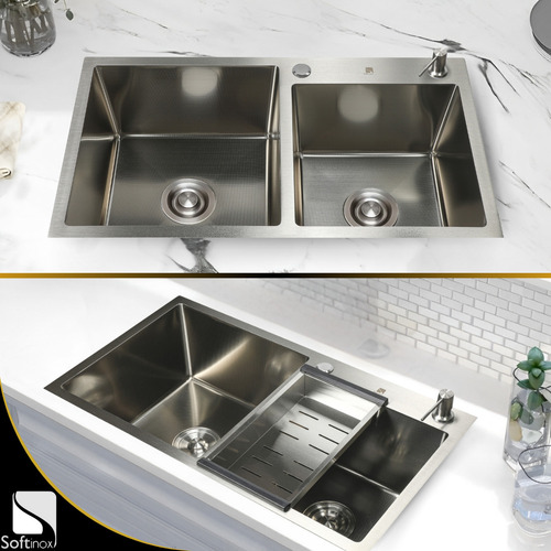 Cuba Dupla Gourmet Cozinha Inox 304 Anti Risco Nano PVD Escovada 78x43 cm Completa Com Acessórios Soft Inox