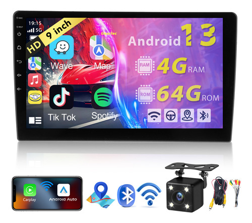 Gearelec Auto Estéreo Carplay 4gb+64gb 2 Din 9 Pulgadas Android Auto Wifi Gps Aux Rca Fm Volante Con Cámara Trasera Android 13
