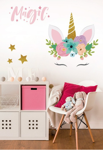 Vinil Decorativo Unicornio Con Ojitos Y Flores 03 Sticker Xl