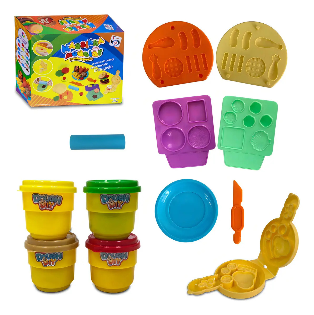 Kit Massinha Modelar Hamburgueria Dough DIY 12 Peças Colorido