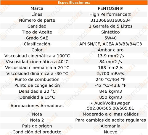 5 Lts Aceite De Motor 5w40 C43 Amg V8 4.3l 98/00