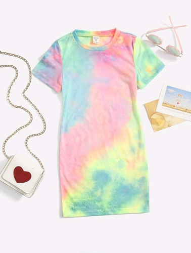 Shein Vestido Niña Estampado Tie Dye Color Manga Corta