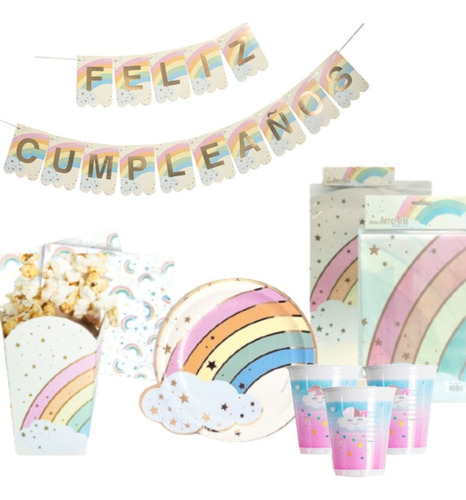 Kit - Set De Cumpleaños Arco Iris - Descartables - Para 10  