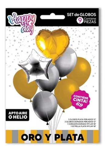 Set De Globos Oro Y Plata 9 Piezas Ramillete