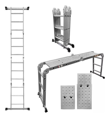 Escalera Multiposiciones Aluminio 12 Peldaños Homex Charolas Color Pla