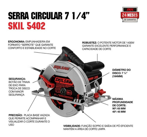 Imagen 4 de 11 de Sierra circular eléctrica Skil 5402 184mm 1400W negra y roja 50Hz/60Hz 220V