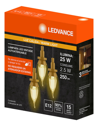 3 Focos Led Vela Ledvance 2.5w Luz Cálida E12