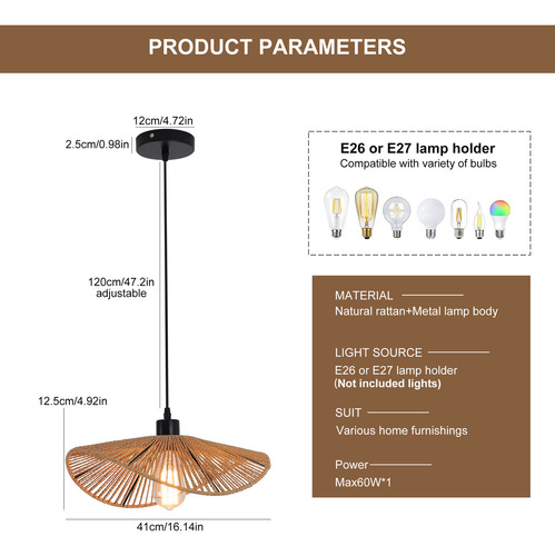 Lámpara Colgante Moderna De Ratán Bohemio Tejida A 1-light Estructura Marrón