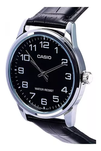 Reloj pulsera Casio Enticer MTP-V002 de cuerpo color plateado, analógico,  para hombre, fondo negro, con correa de cuero color negro, agujas color  plateado, dial plateado, minutero/segundero plateado, bisel color plateado  y hebilla