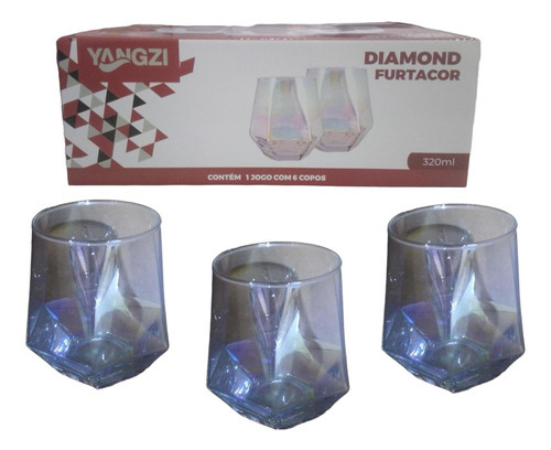 Jogo Kit 6 Copos De Vidro Diamond Furtacor 320 Ml Yangzi Cor Cinza
