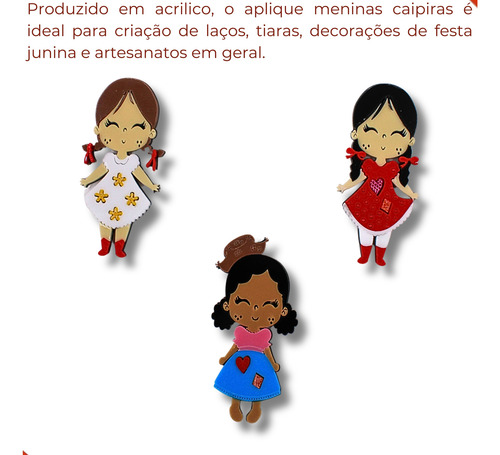 Aplique Meninas Caipiras De 7cm Em Acrilico Com 6 Unidades