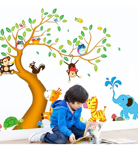 Vinil Decorativo Infantil Árbol Animales De Selva 1.85x2.0m