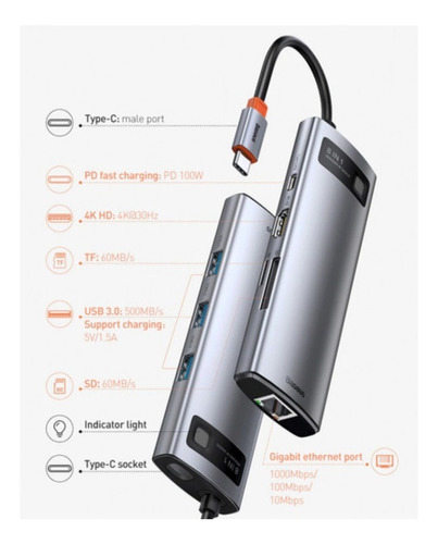 Imagem 3 de 7 de Hub Baseus 8em1 Usb-c C/ Hdmi Rj45 P/macbook Outros