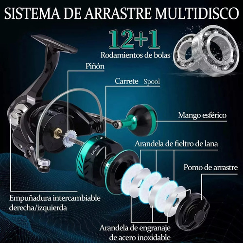 Carrete De Pesca Giratorio Profesional 5:2:1 He-7000 12 Ejes